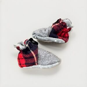 Robeez Leather Flannel Plaid Grey Black Crib Shoes Boots baby boy 6-12 M EUC